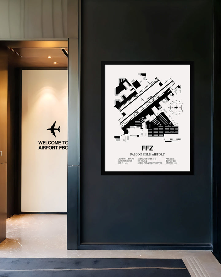 Framed Detailed Airport Map of Falcon Field (FFZ) in White with a Black Frame