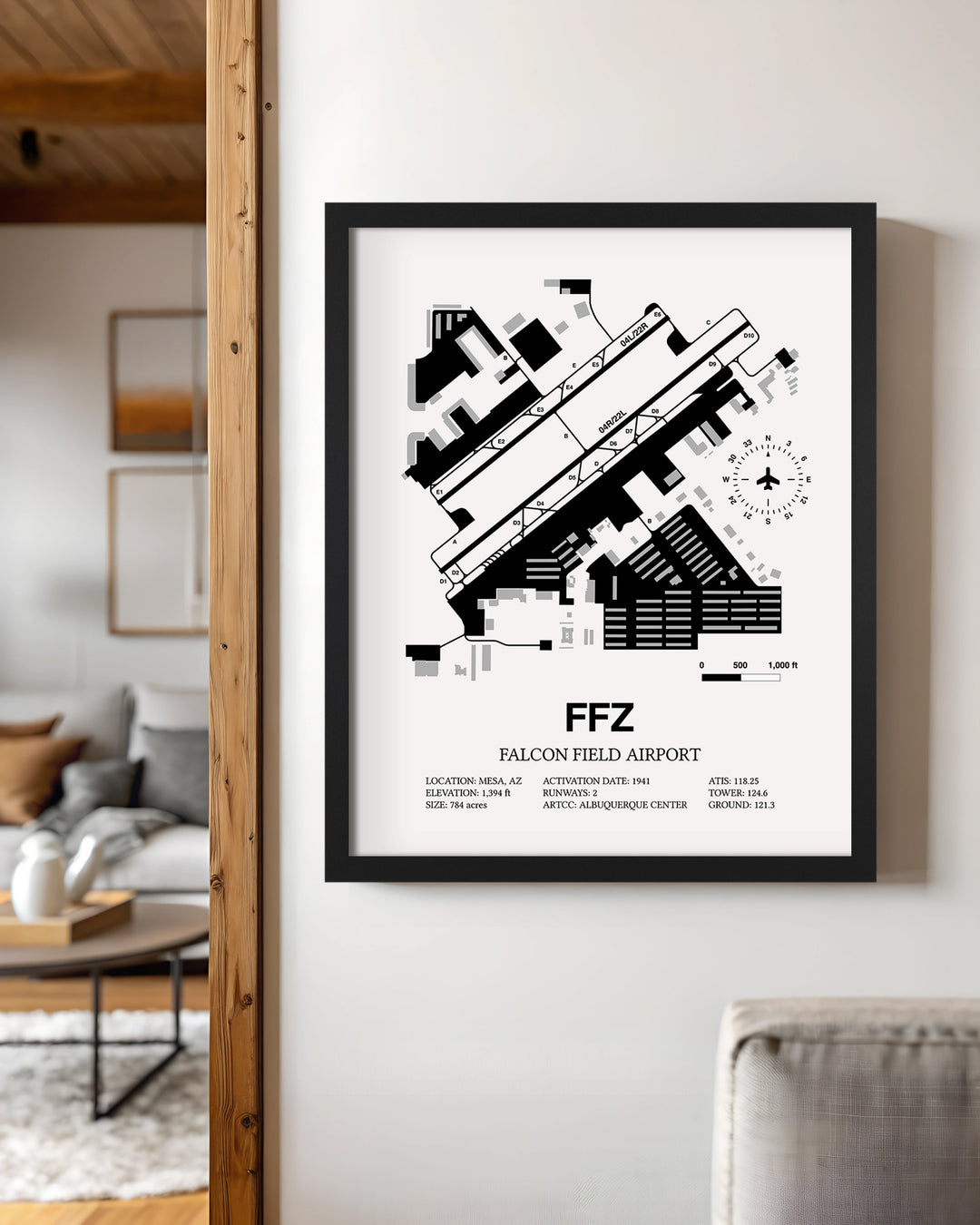 Framed Detailed Airport Map of Falcon Field (FFZ) in White with a Black Frame