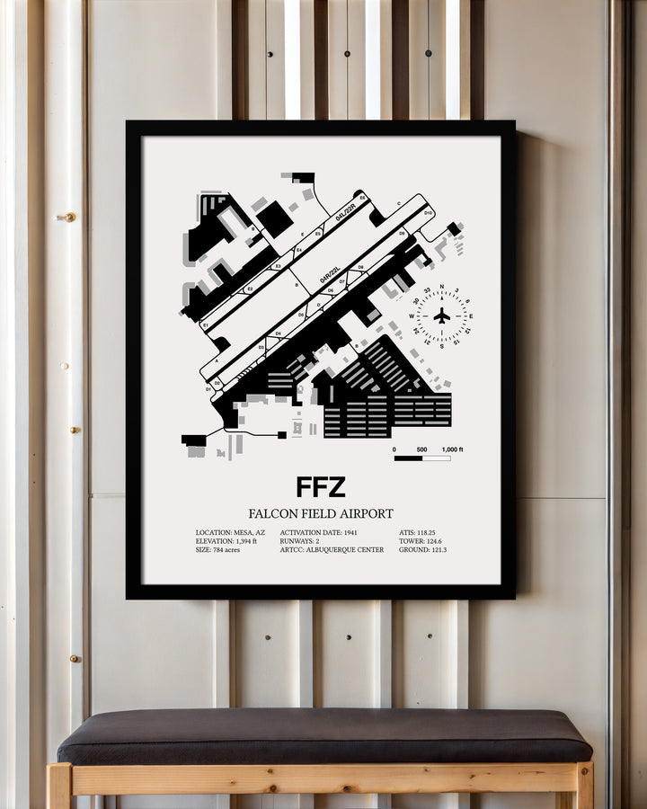 Framed Detailed Airport Map of Falcon Field (FFZ) in White with a Black Frame