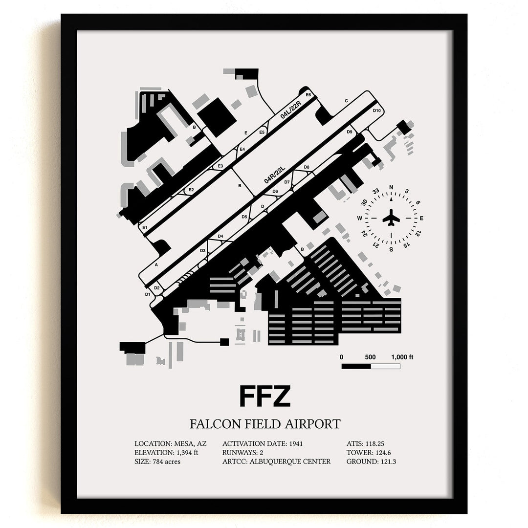 Framed Detailed Airport Map of Falcon Field (FFZ) in White with a Black Frame