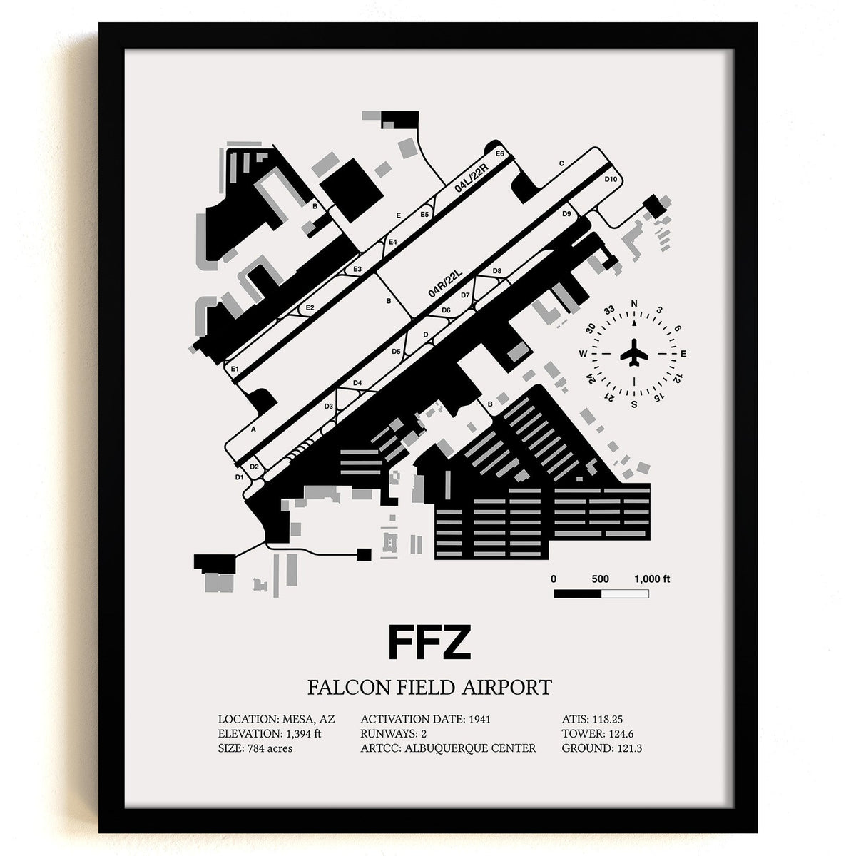 Framed Detailed Airport Map of Falcon Field (FFZ) in White with a Black Frame