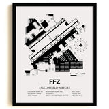 Framed Detailed Airport Map of Falcon Field (FFZ) in White with a Black Frame
