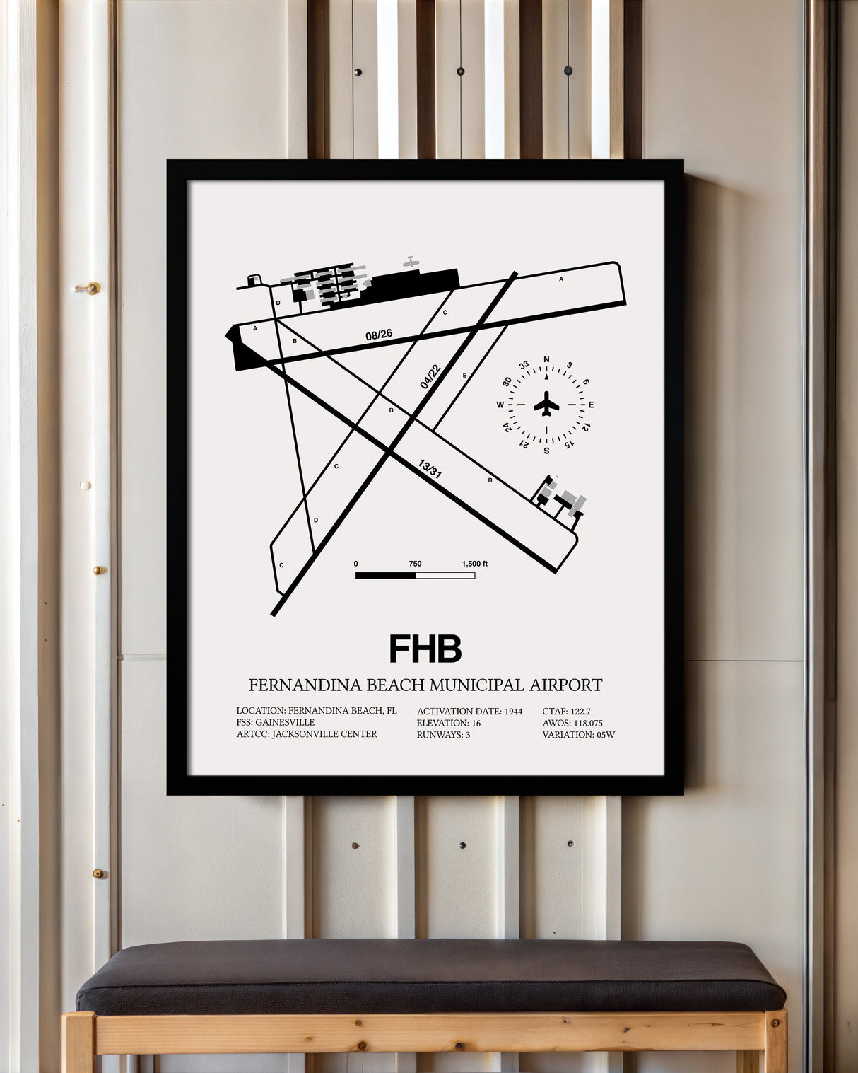 Framed Detailed Airport Map of Fernandina Beach Municipal Airport (FHB) in White with a Black Frame