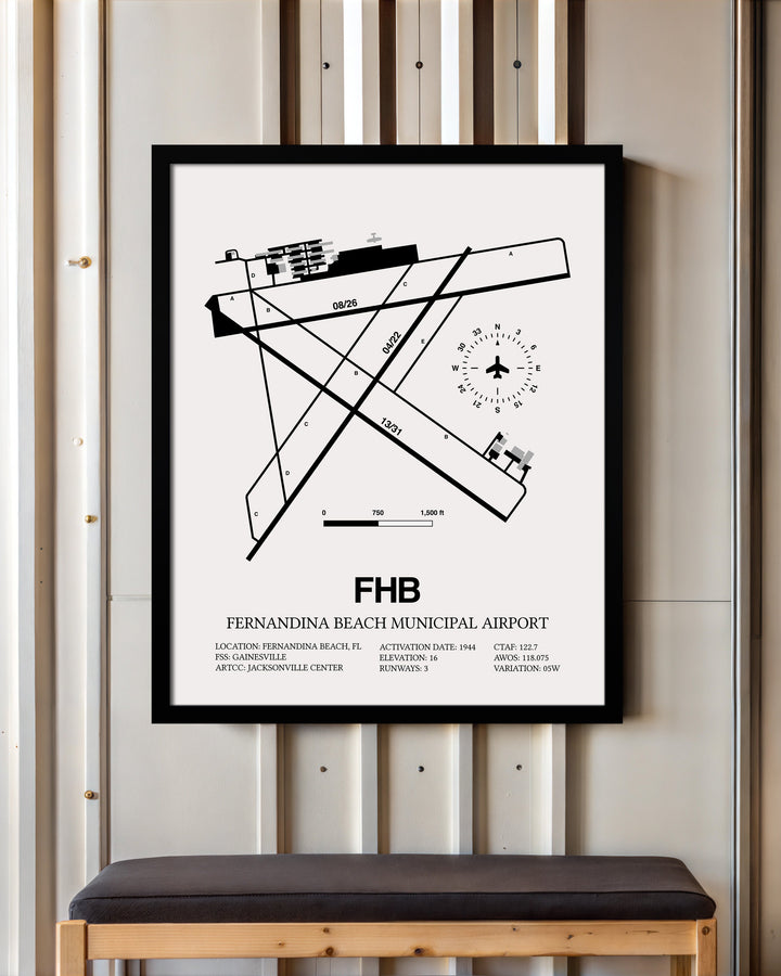 Framed Detailed Airport Map of Fernandina Beach Municipal Airport (FHB) in White with a Black Frame
