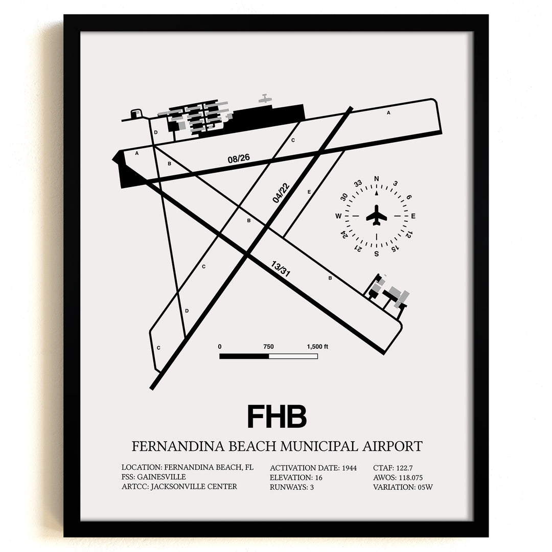 Framed Detailed Airport Map of Fernandina Beach Municipal Airport (FHB) in White with a Black Frame