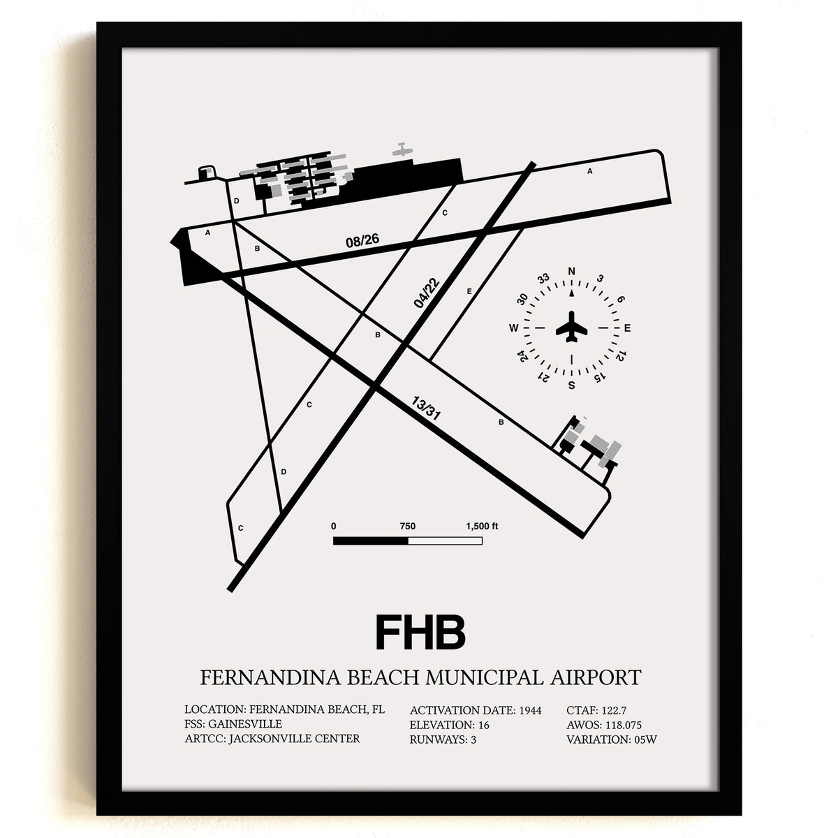 Framed Detailed Airport Map of Fernandina Beach Municipal Airport (FHB) in White with a Black Frame