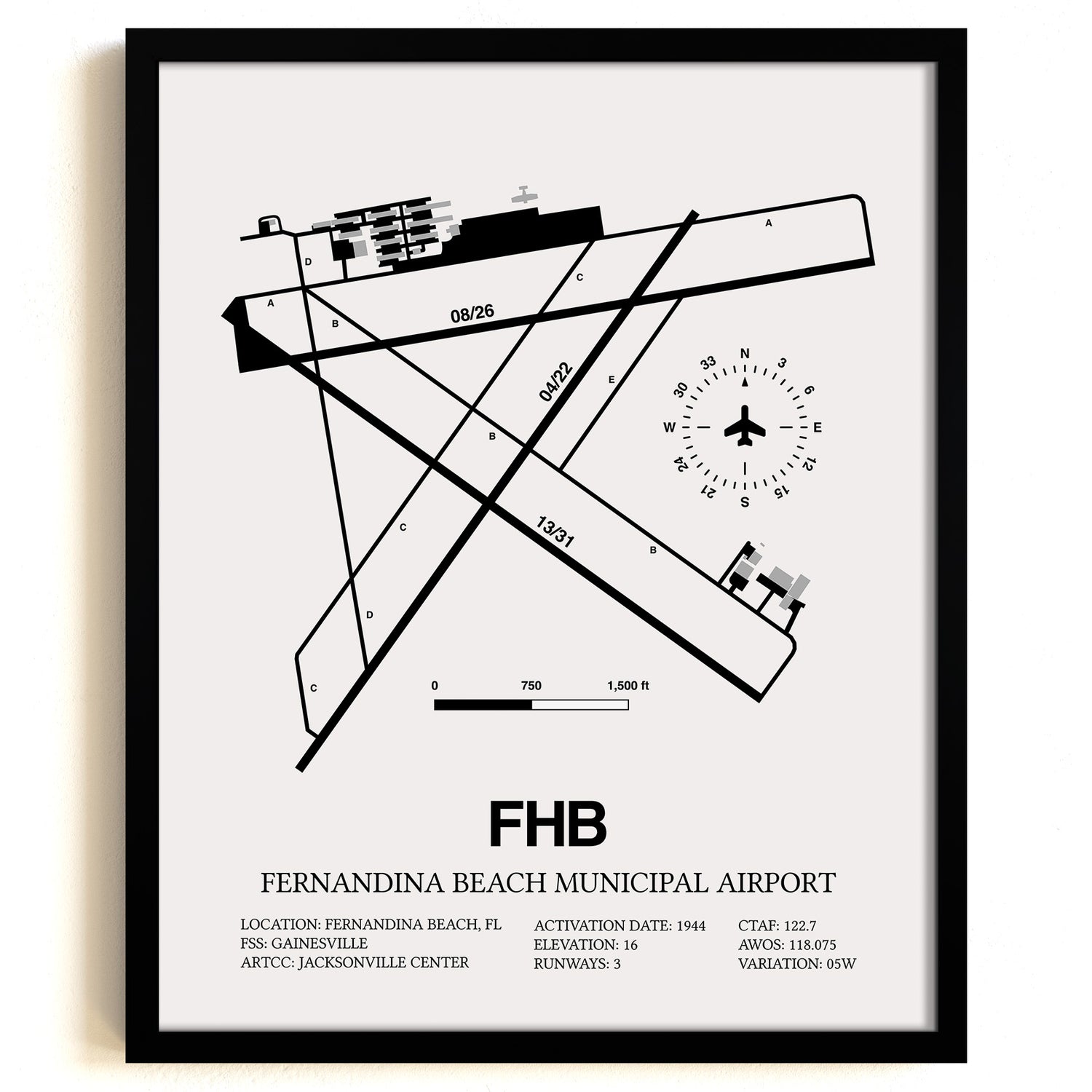 Framed Detailed Airport Map of Fernandina Beach Municipal Airport (FHB) in White with a Black Frame