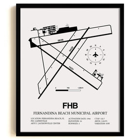 Framed Detailed Airport Map of Fernandina Beach Municipal Airport (FHB) in White with a Black Frame