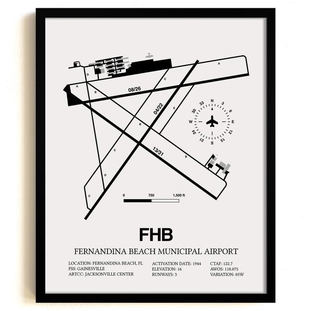 Framed Detailed Airport Map of Fernandina Beach Municipal Airport (FHB) in White with a Black Frame