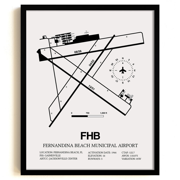 Framed Detailed Airport Map of Fernandina Beach Municipal Airport (FHB) in White with a Black Frame