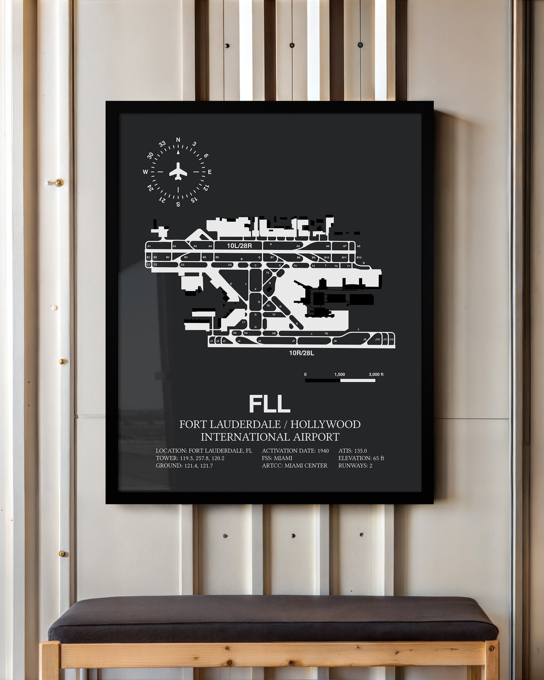 Framed Detailed Airport Map of Fort Lauderdale/Hollywood International Airport (FLL) in Gray with a Black Frame