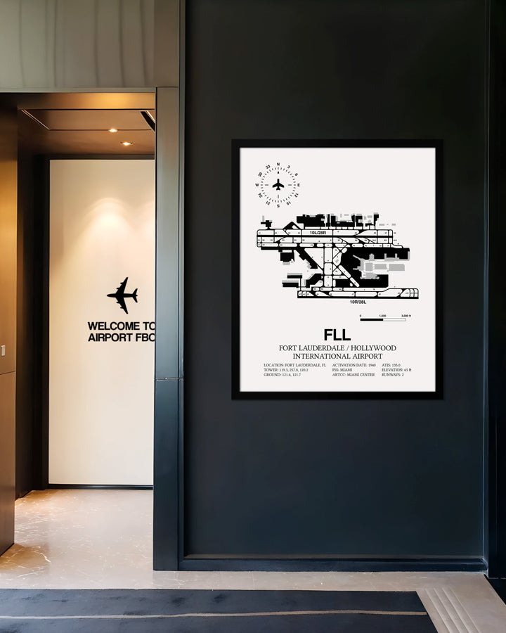 Framed Detailed Airport Map of Fort Lauderdale/Hollywood International Airport (FLL) in White with a Black Frame