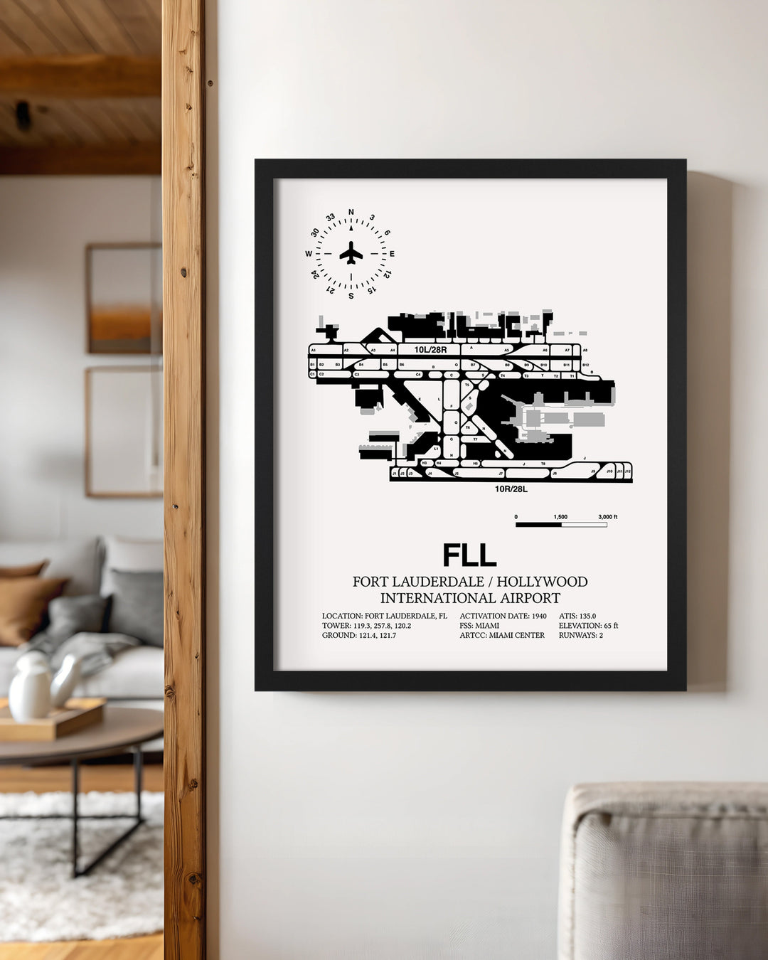 Framed Detailed Airport Map of Fort Lauderdale/Hollywood International Airport (FLL) in White with a Black Frame