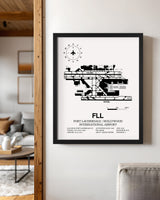 Framed Detailed Airport Map of Fort Lauderdale/Hollywood International Airport (FLL) in White with a Black Frame
