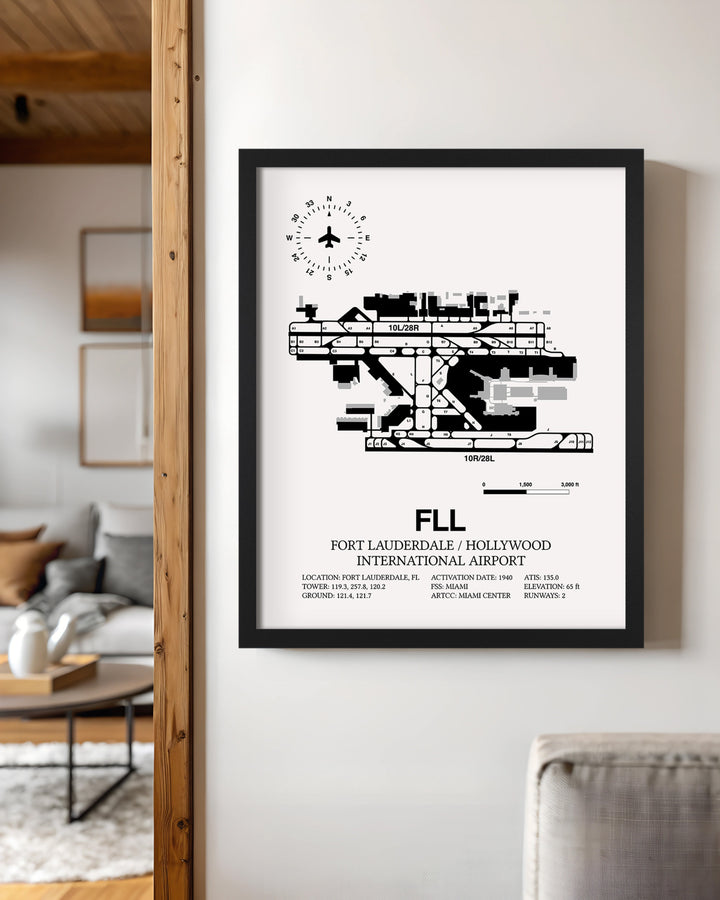 Framed Detailed Airport Map of Fort Lauderdale/Hollywood International Airport (FLL) in White with a Black Frame