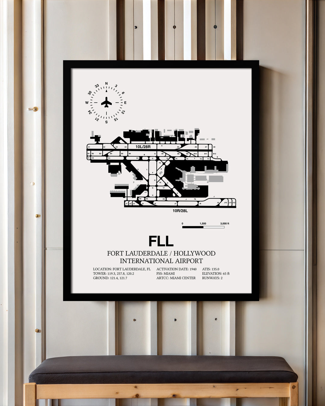 Framed Detailed Airport Map of Fort Lauderdale/Hollywood International Airport (FLL) in White with a Black Frame