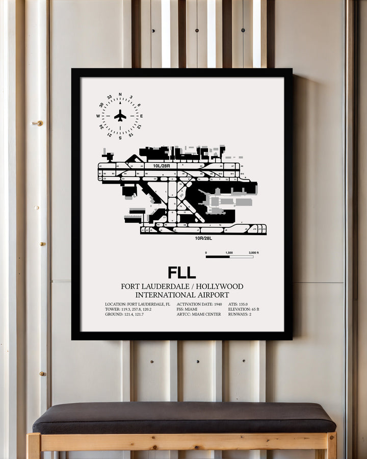 Framed Detailed Airport Map of Fort Lauderdale/Hollywood International Airport (FLL) in White with a Black Frame