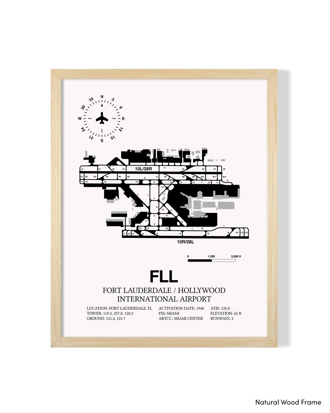 Detailed Airport Map of Fort Lauderdale/Hollywood International Airport (FLL) in White with a Natural Frame