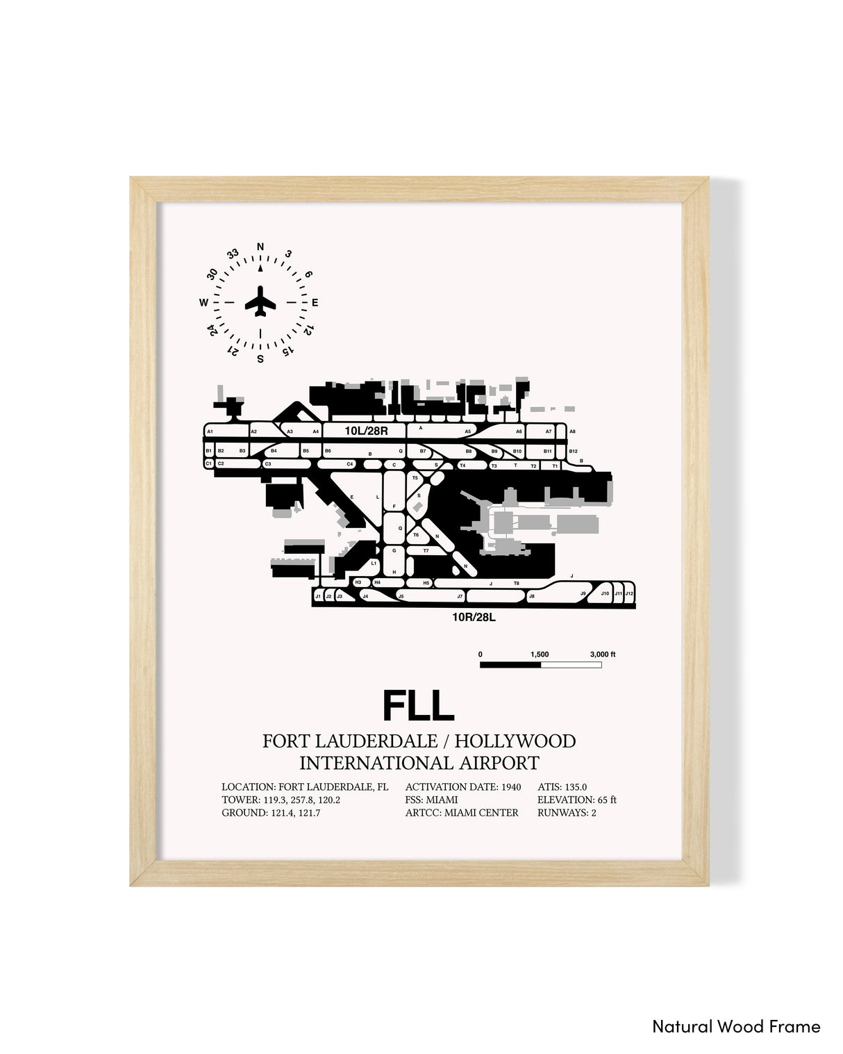 Detailed Airport Map of Fort Lauderdale/Hollywood International Airport (FLL) in White with a Natural Frame