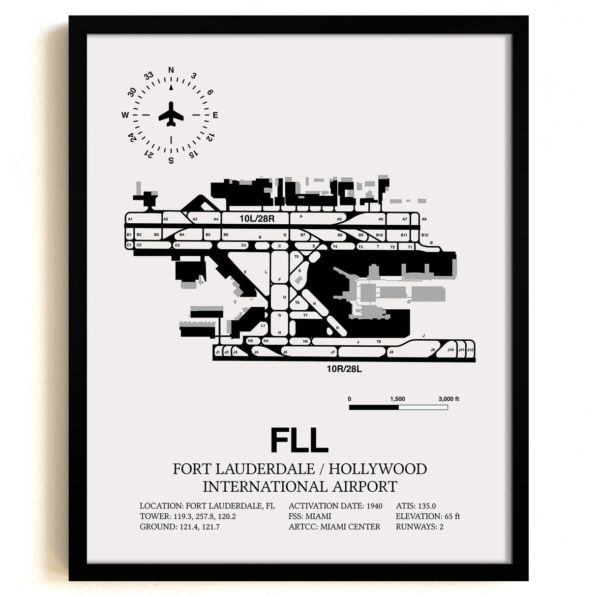 Framed Detailed Airport Map of Fort Lauderdale/Hollywood International Airport (FLL) in White with a Black Frame