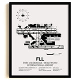 Framed Detailed Airport Map of Fort Lauderdale/Hollywood International Airport (FLL) in White with a Black Frame