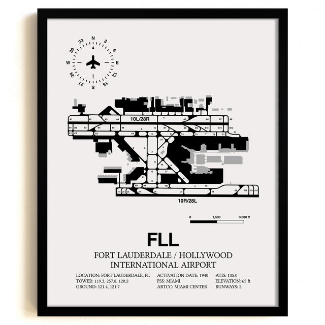 Framed Detailed Airport Map of Fort Lauderdale/Hollywood International Airport (FLL) in White with a Black Frame