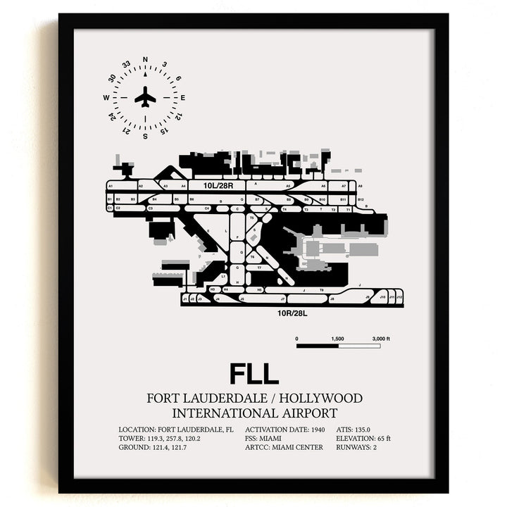 Framed Detailed Airport Map of Fort Lauderdale/Hollywood International Airport (FLL) in White with a Black Frame