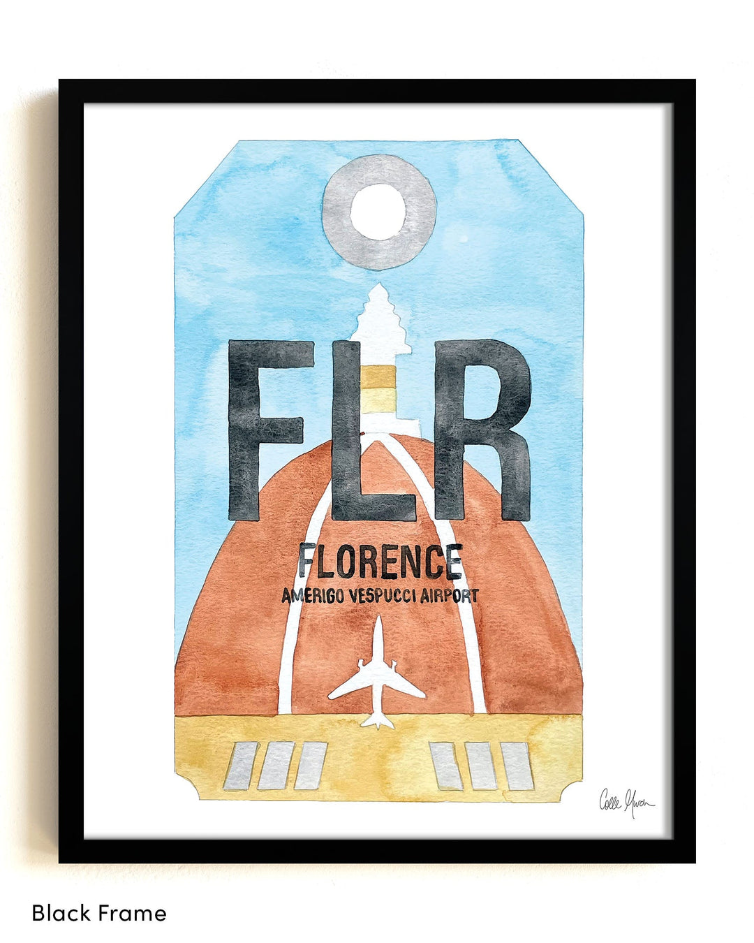 Framed Watercolor Print of Amerigo Vespucci Airport (FLR) with a Black Frame