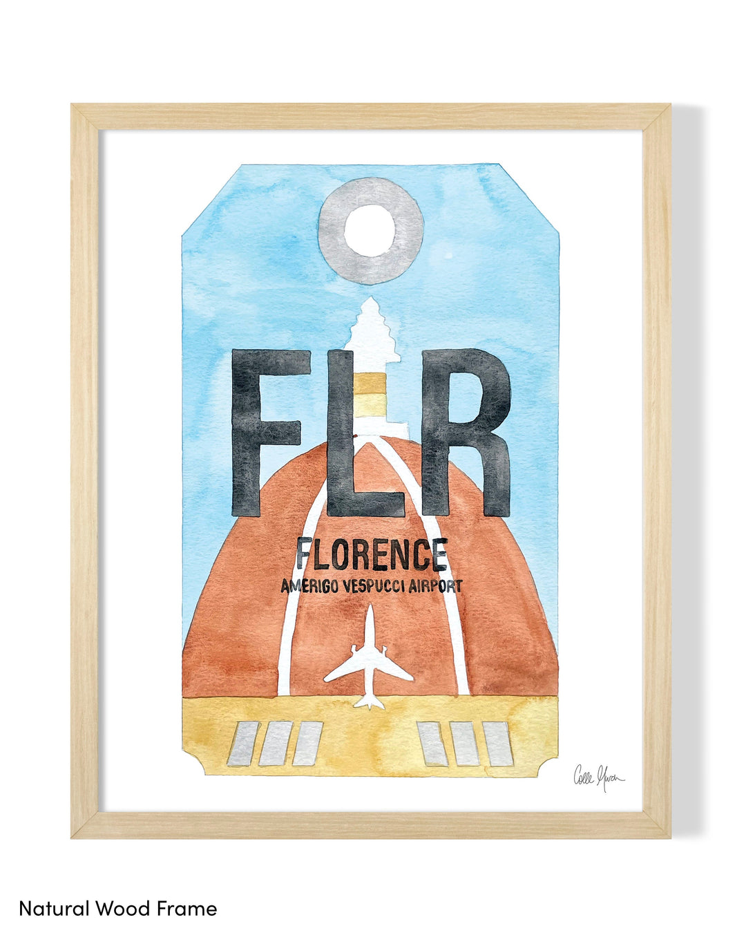Framed Watercolor Print of Amerigo Vespucci Airport (FLR) with a Natural Wood Frame