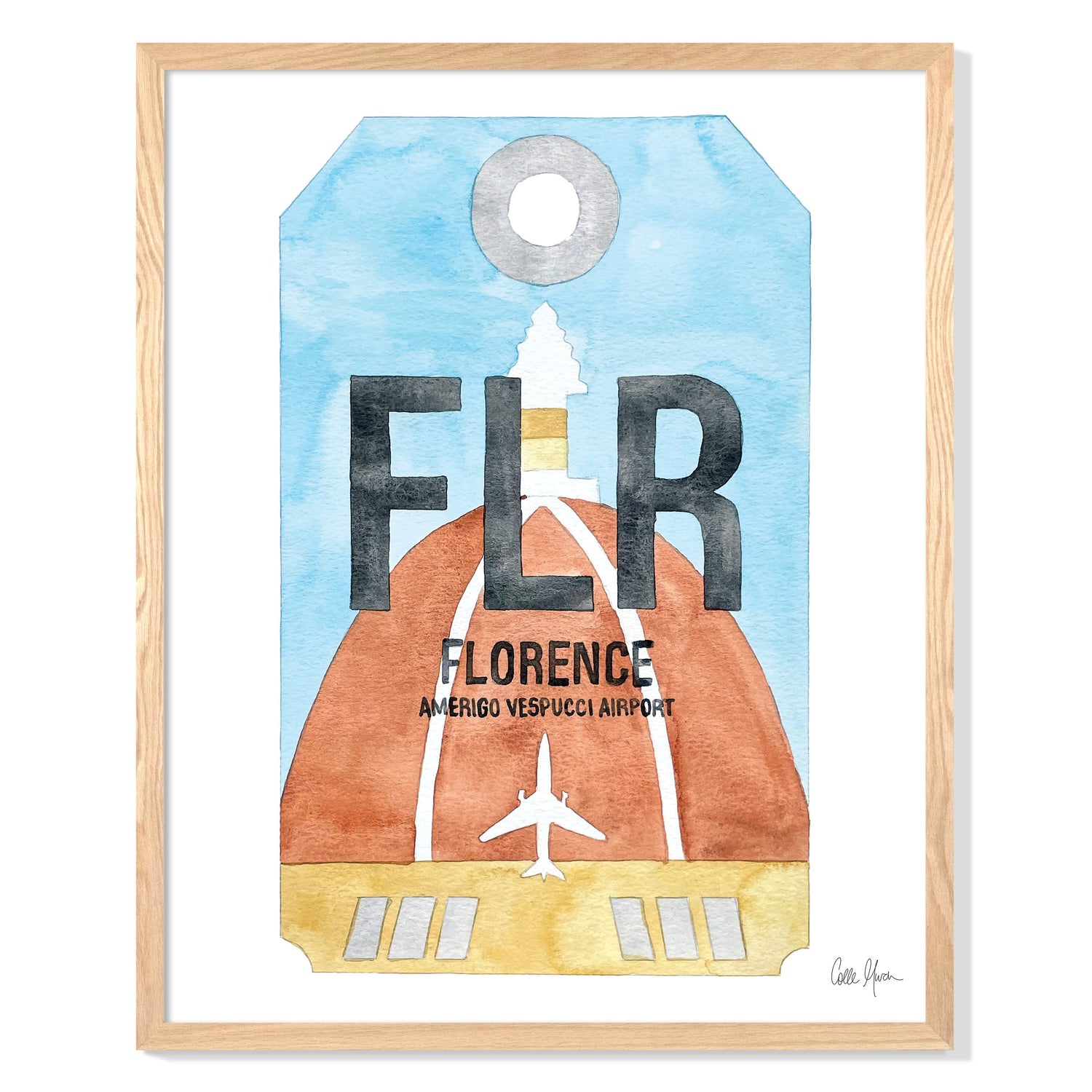 Framed Watercolor Print of Amerigo Vespucci Airport (FLR) with an Oak Frame