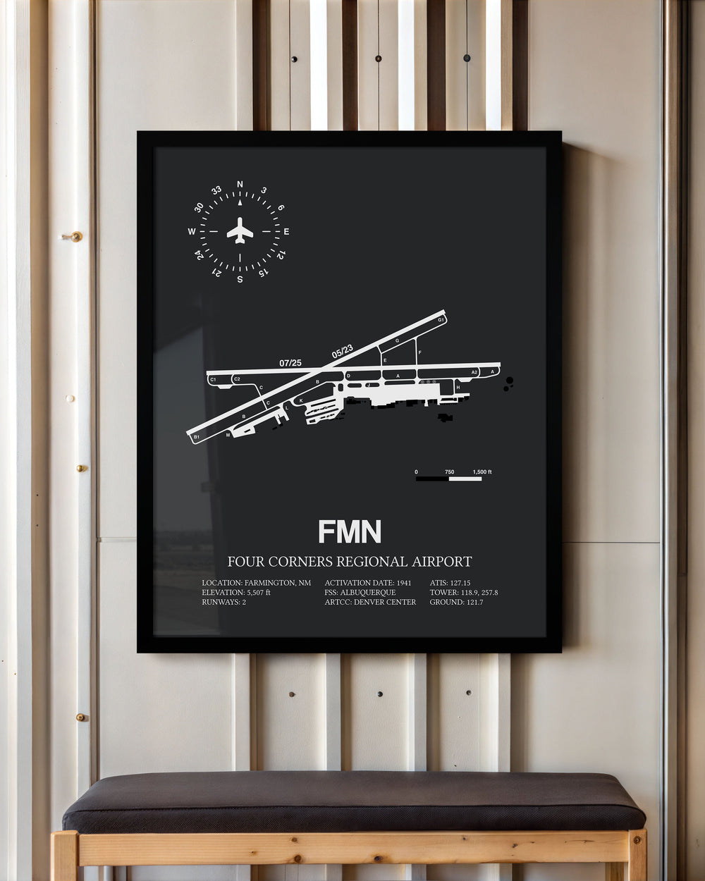 Framed Detailed Airport Map of Four Corners Regional Airport (FMN) in Gray with a Black Frame