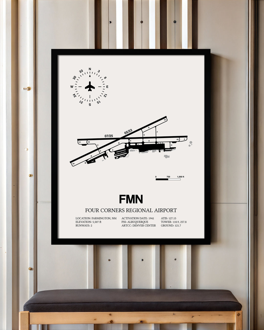 Framed Detailed Airport Map of Four Corners Regional Airport (FMN) in White with a Black Frame