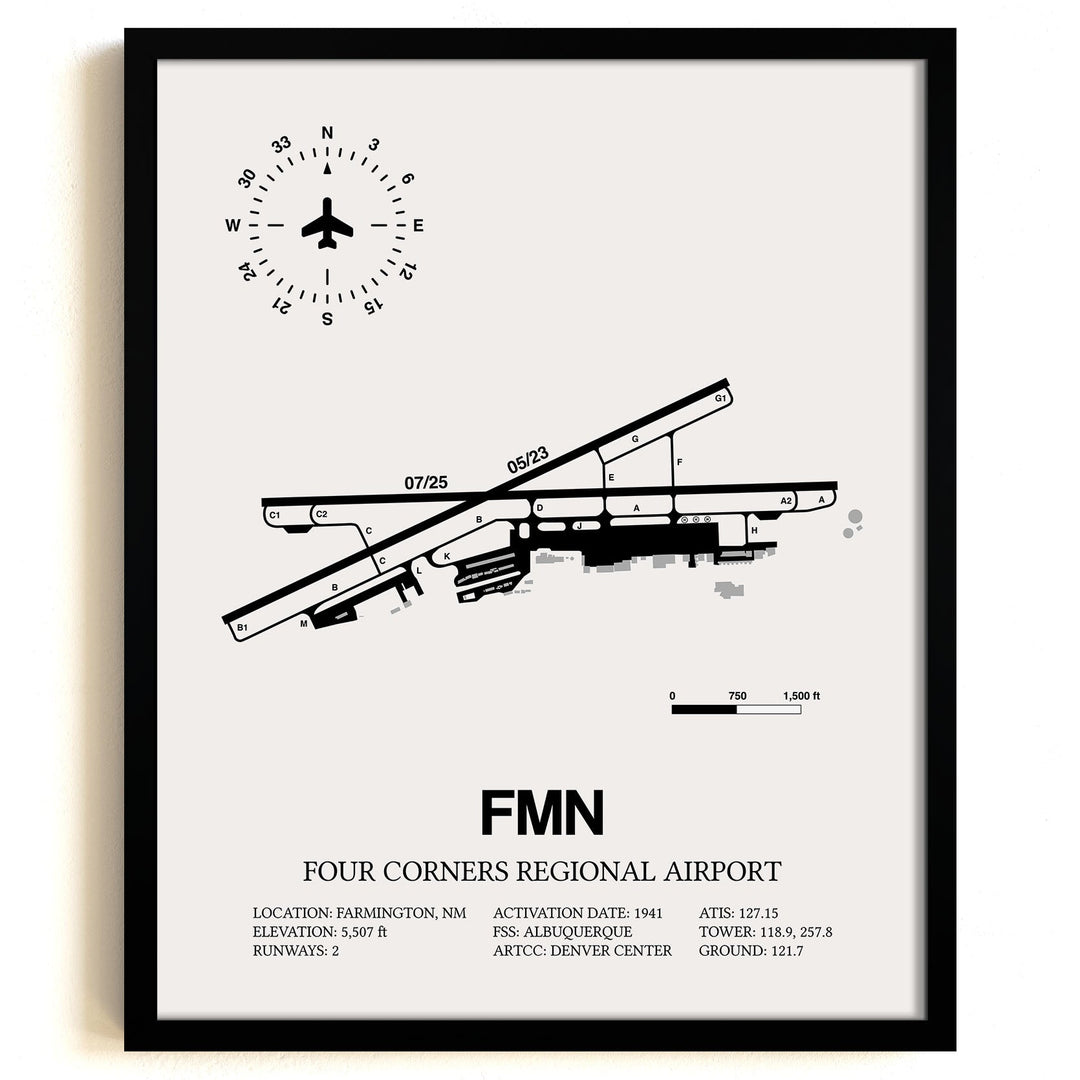Framed Detailed Airport Map of Four Corners Regional Airport (FMN) in White with a Black Frame