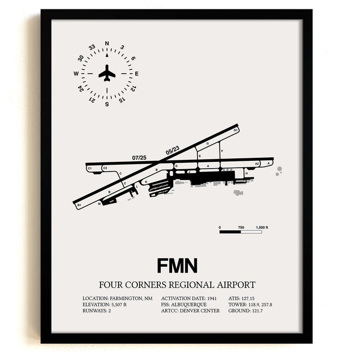 Framed Detailed Airport Map of Four Corners Regional Airport (FMN) in White with a Black Frame