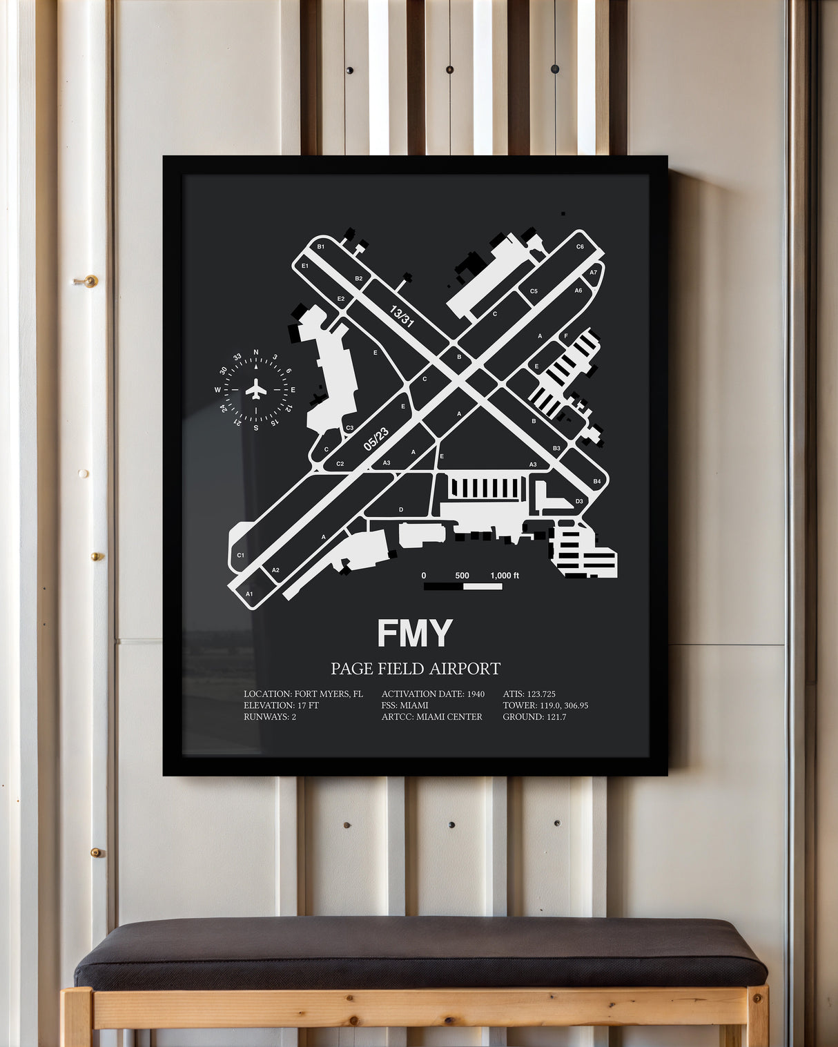 Framed Detailed Airport Map of Page Field (FMY) in Gray with a Black Frame