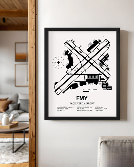 Framed Detailed Airport Map of Page Field (FMY) in White with a Black Frame