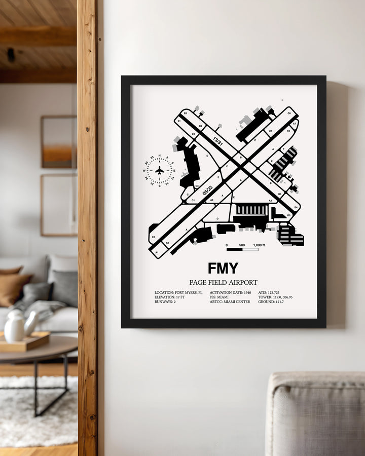 Framed Detailed Airport Map of Page Field (FMY) in White with a Black Frame