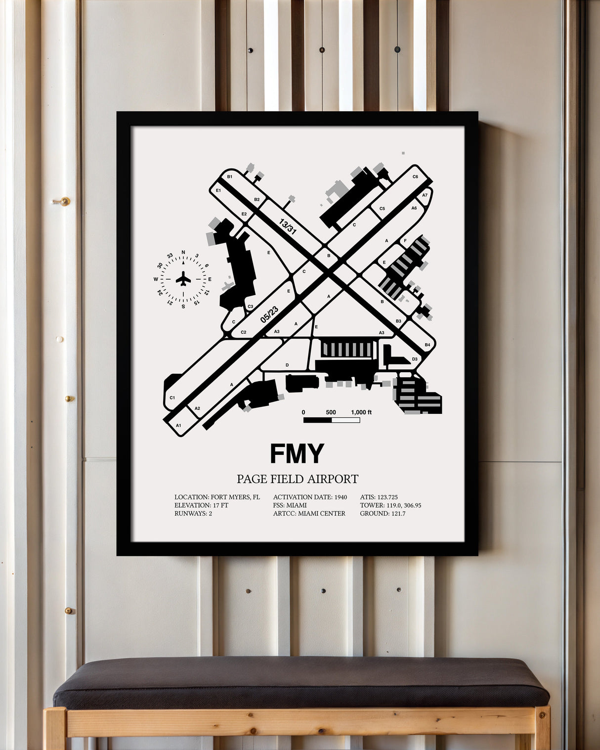 Framed Detailed Airport Map of Page Field (FMY) in White with a Black Frame