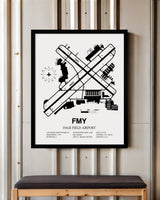 Framed Detailed Airport Map of Page Field (FMY) in White with a Black Frame