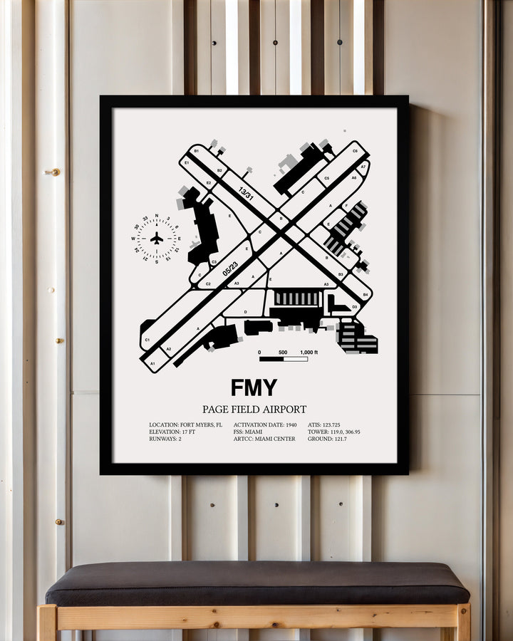 Framed Detailed Airport Map of Page Field (FMY) in White with a Black Frame