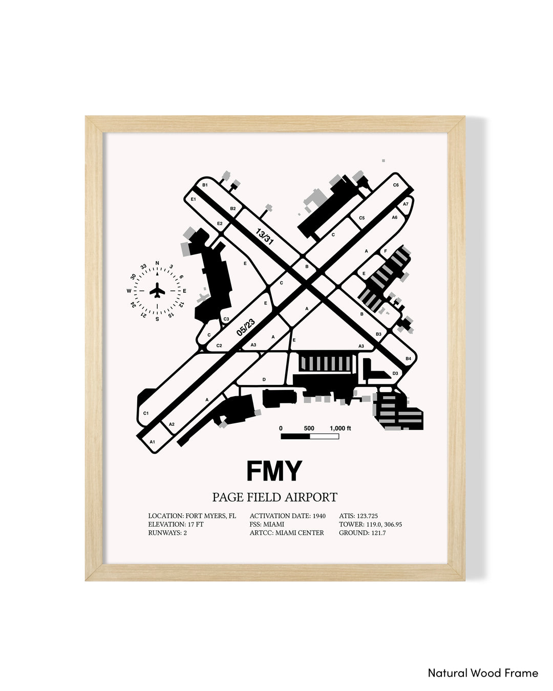 Detailed Airport Map of Page Field (FMY) in White with a Natural Frame