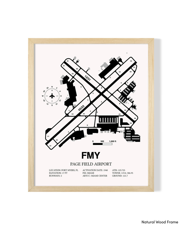 Detailed Airport Map of Page Field (FMY) in White with a Natural Frame