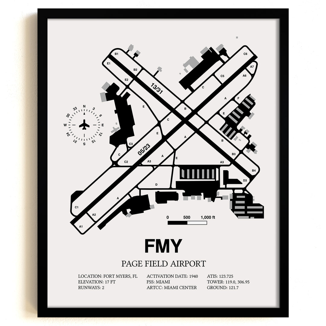 Framed Detailed Airport Map of Page Field (FMY) in White with a Black Frame