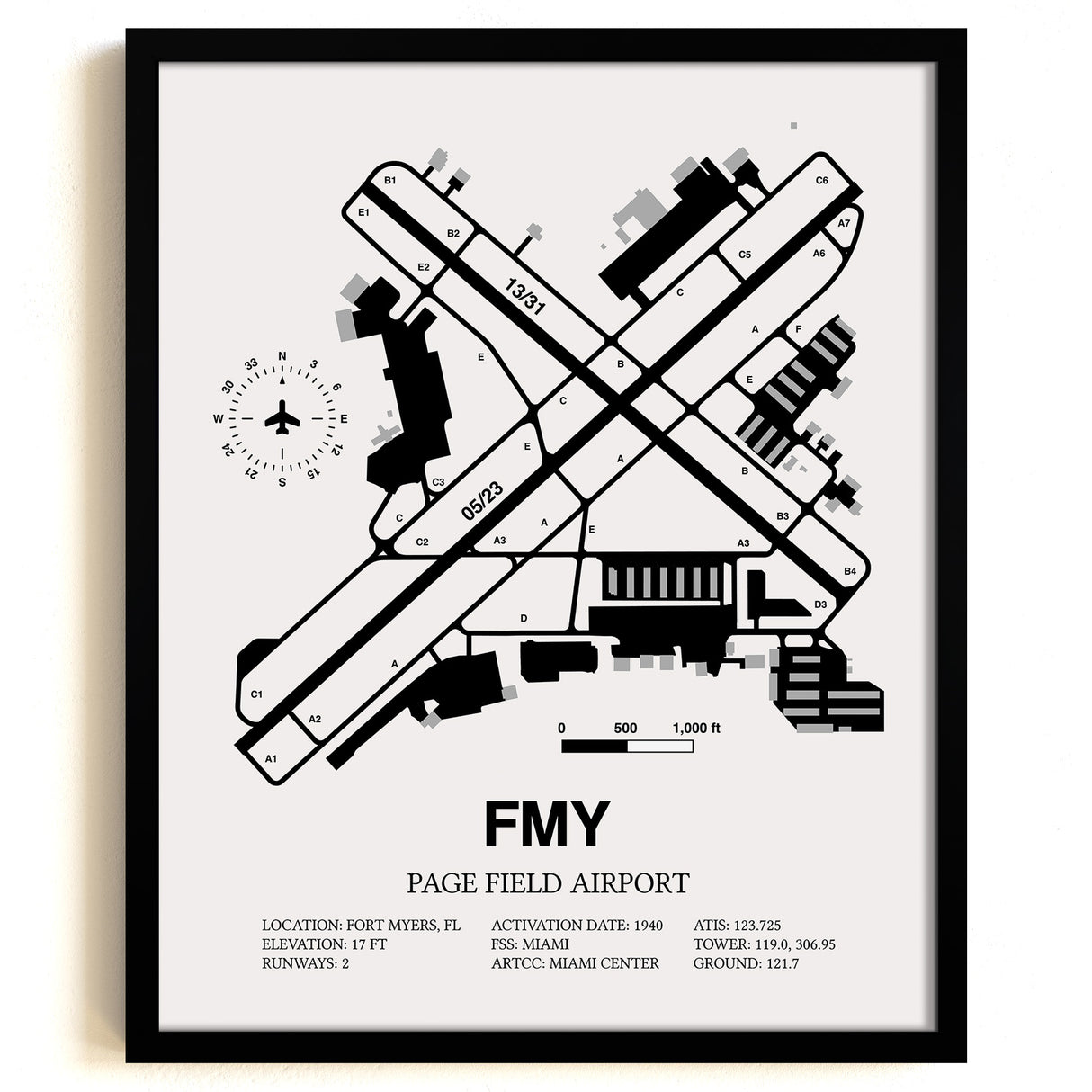 Framed Detailed Airport Map of Page Field (FMY) in White with a Black Frame