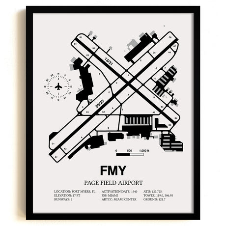 Framed Detailed Airport Map of Page Field (FMY) in White with a Black Frame