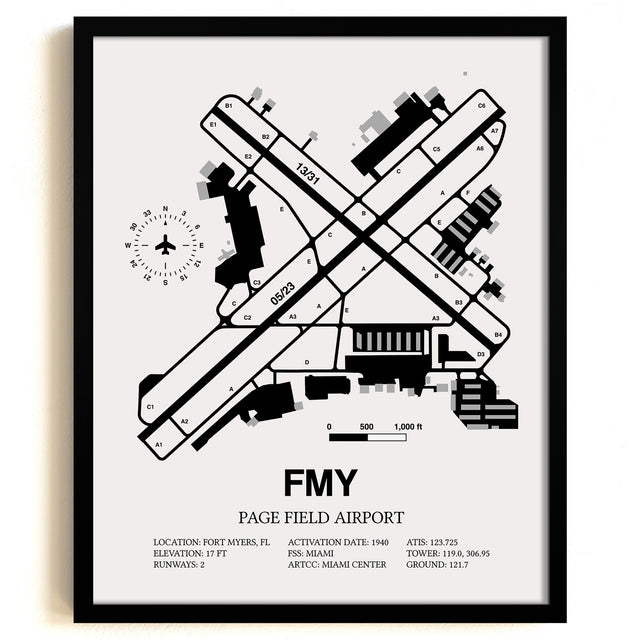 Framed Detailed Airport Map of Page Field (FMY) in White with a Black Frame