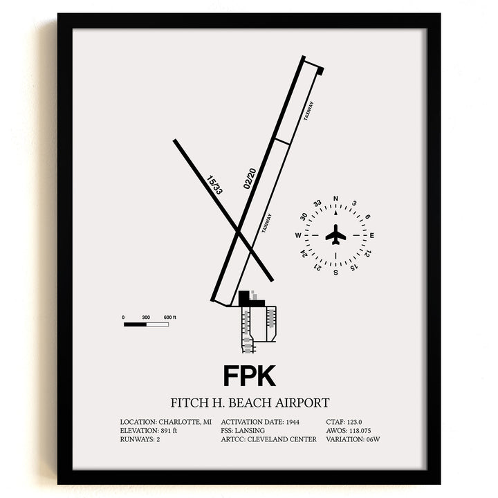 Framed Detailed Airport Map of Fitch H Beach Airport (FPK) in White with a Black Frame
