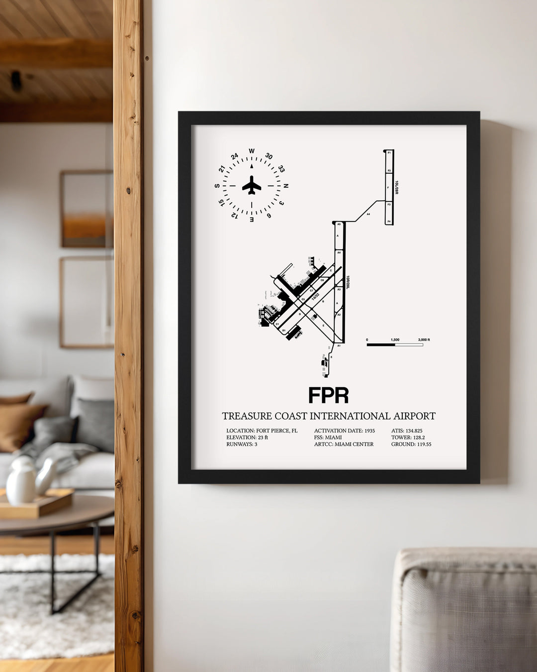 Framed Detailed Airport Map of Treasure Coast International Airport (FPR) in White with a Black Frame