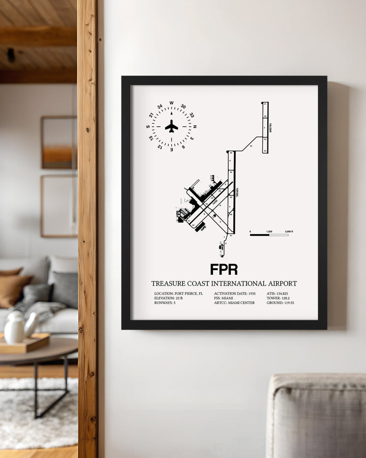 Framed Detailed Airport Map of Treasure Coast International Airport (FPR) in White with a Black Frame