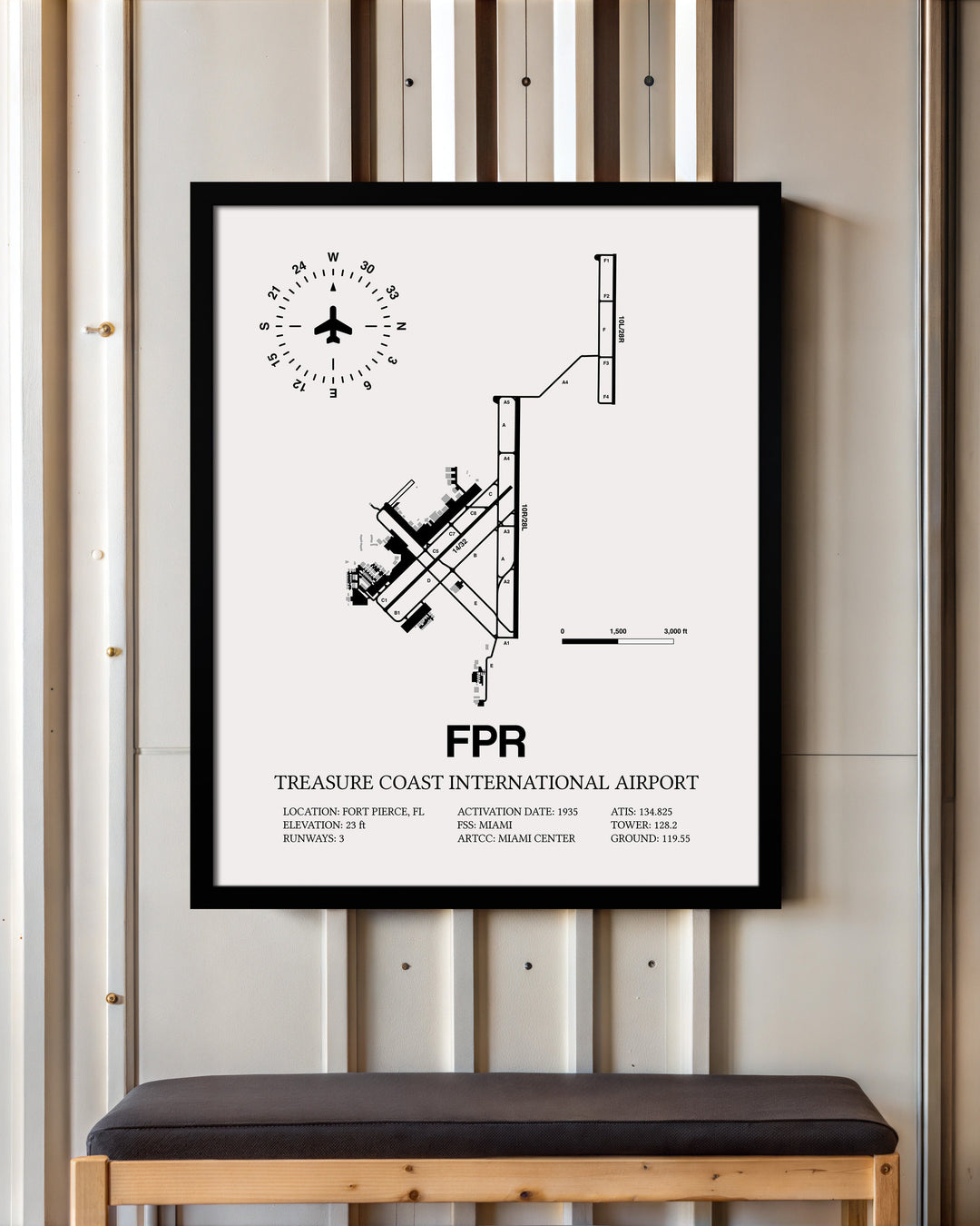 Framed Detailed Airport Map of Treasure Coast International Airport (FPR) in White with a Black Frame